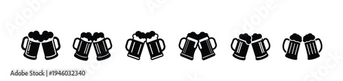 Beer mug toast and cheers silhouette icon set featuring foam and cold ale for pub celebration and more vector illustration or editable stroke
