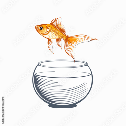 Goldfish swimming in a glass bowl filled with water isolated on a white background