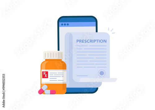 Online medical prescription with pills and smartphone stock illustration.