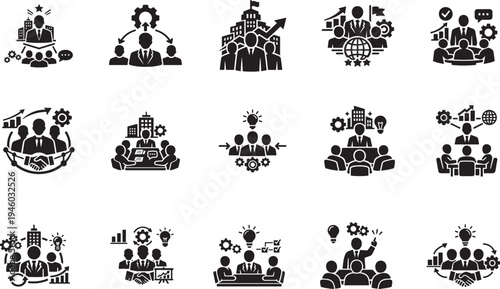 Company business icon set with office team meeting leadership and management symbols editable stroke .
