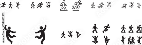 People line icon set with walking running jumping and dancing figures editable stroke vector symbols .