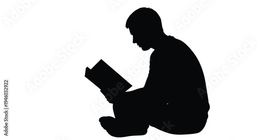 Black silhouette graphic illustration of a young person sitting down intently reading a book