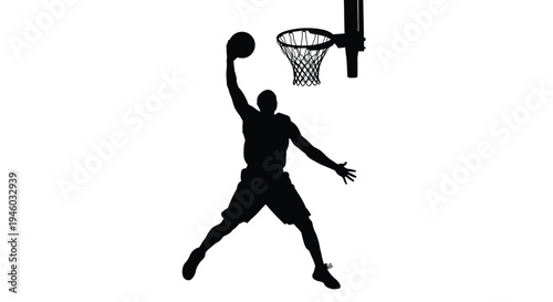 Dynamic vector illustration silhouette of a basketball player executing a powerful slam dunk near the hoop
