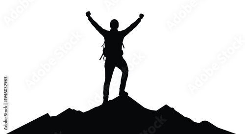 Vector silhouette graphic of a triumphant hiker celebrating success standing atop a rugged mountain peak