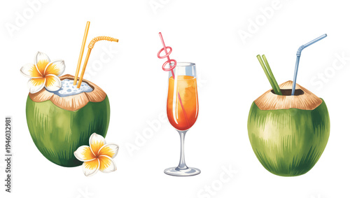 Tropical watercolor beverage collection with coconut drinks and fruit cocktail.
