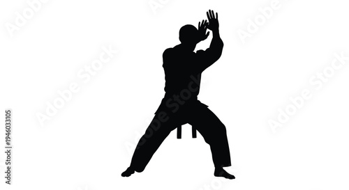 Vector graphic silhouette of a martial arts practitioner performing a defensive block technique