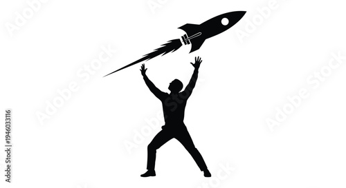 Silhouette illustration of businessman launching a rocket symbolizing startup growth and ambition vector design