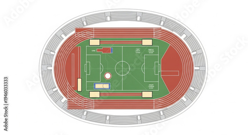 Overhead view of a stadium with a running track and field.