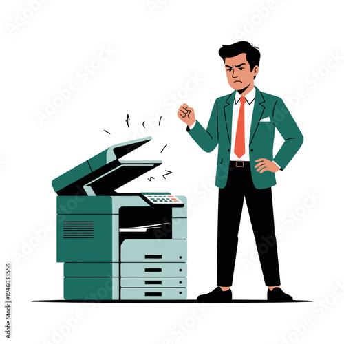 A frustrated businessman standing next to a broken office printer