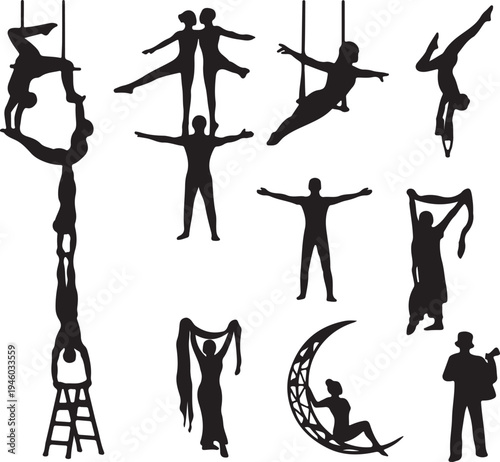Silhouettes of circus artists performing various daring acrobatic feats