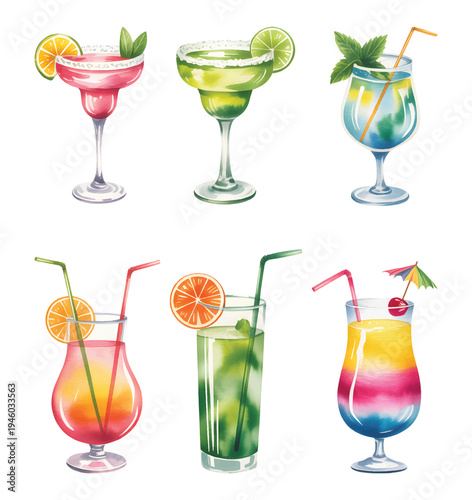 Fresh summer beverage collection with citrus cocktails in watercolor style.