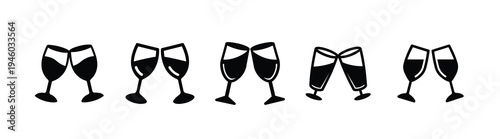 Wine glass toast and cheers silhouette icon set featuring alcohol beverage for party celebration and more vector illustration or editable stroke