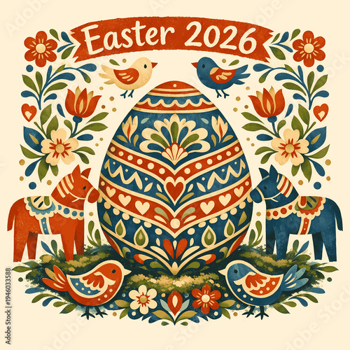 easter egg surrounded by blooming flowers and horses, colorful holiday scene for spring with birds and festive 2026 decor