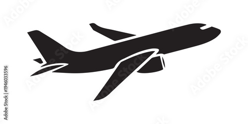 Playful black plane icons set close up cartoon propeller and jet airplanes paper plane badge isolated on white background flat vector silhouette front facing smiling,pro