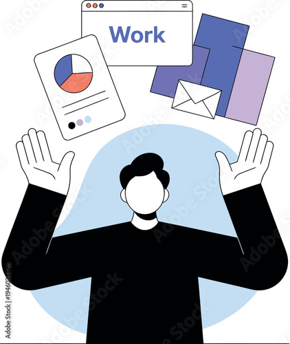  faceless figure stands with raised hands, seemingly juggling various professional tasks. Above their head, floating elements represent work, including a browser window, an envelope, and analytical ch