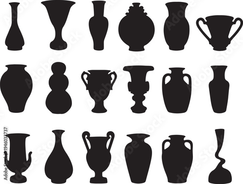 Historical silhouettes of various vase and pottery designs from ancient civilizations