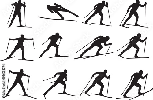 Sequential illustrations of cross-country skiing techniques and postures