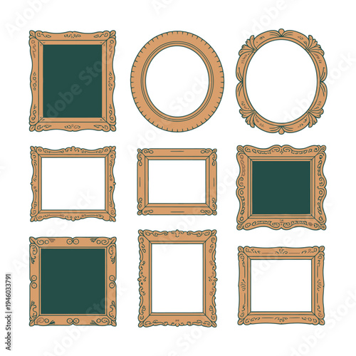 A collection of ornate gold picture frames with blank white and green spaces for photos or artwork