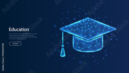 graduation cap Abstract low poly wireframe of a digital modern education concept with a graduation hat on a blue background. Suitable for educational achievements and futuristic designs.
