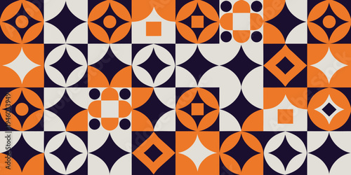 Seamless geometric pattern with contrasting shapes in orange and dark blue