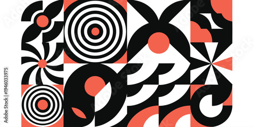 Geometric abstract pattern with circles squares and semicircles in red