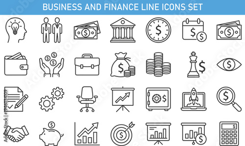 Business and finance line icons set with banking money wallet investment strategy analytics startup growth calculator document payment bank vector illustration for fintech design