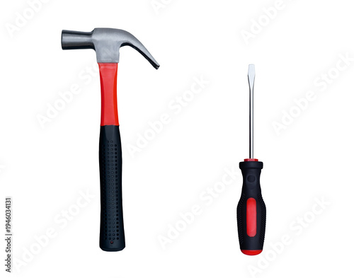 Claw hammer and flathead screwdriver with red and black grips isolated on a white background