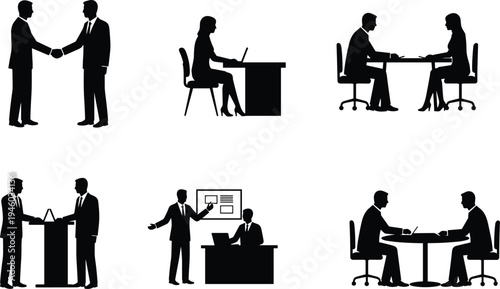 Business people silhouette set showing handshake meeting interview presentation and office discussion scenes professional corporate teamwork partnership negotiation concept isolated vector collection