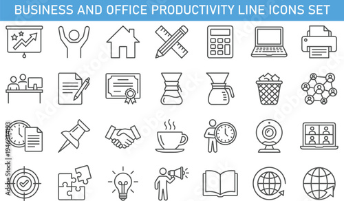 Business and office productivity line icons set including teamwork, laptop, certificate, planning board, target, workflow, meeting, communication vector illustration