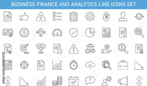 Business finance and analytics line icons set, tax report, investment, accounting, profit analysis, productivity, financial management vector outline symbols