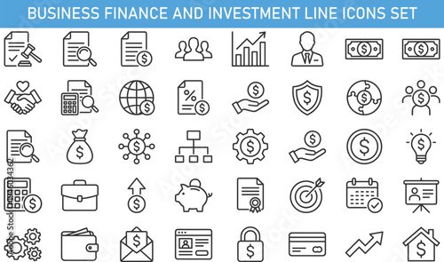 Business finance and investment line icons set, banking, money management, accounting, analytics, financial growth, digital economy vector outline symbols