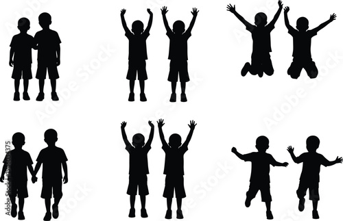 Children silhouette collection showing kids jumping playing walking and raising hands happy childhood activity poses isolated vector set for education and family design