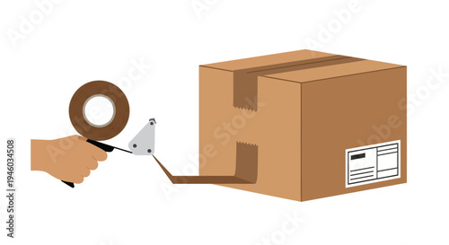 Hand sealing cardboard box with packing tape dispenser, shipping preparation