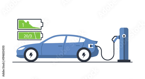 Electric car charging station with battery indicator, modern vehicle