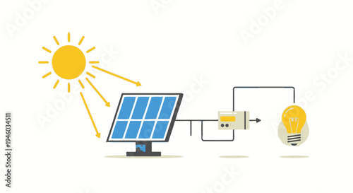 Solar panel generating electricity from sun to power light bulb, renewable energy concept