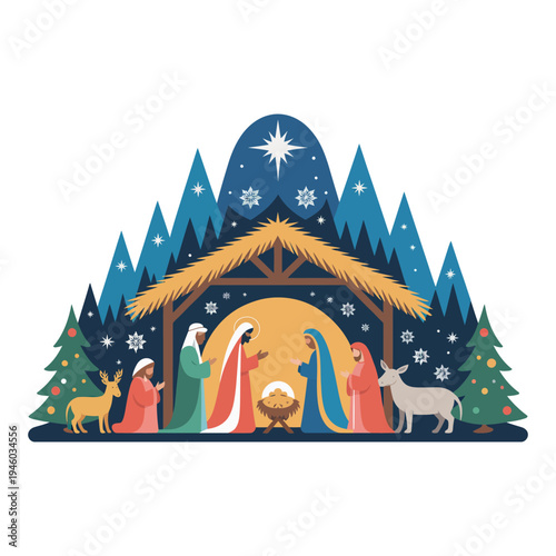 A colorful illustration of a nativity scene at Christmas time with a manger and people