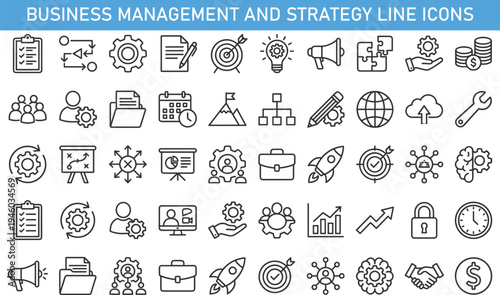 Business management and strategy line icons set including teamwork, project planning, target goal, growth analytics, leadership, workflow, corporate development and productivity concept