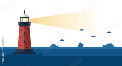 Lighthouse guiding ships at sea with bright beam, nautical navigation concept