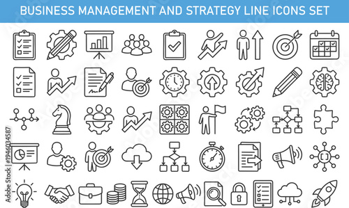 Business management and strategy line icons set with teamwork analytics target growth planning workflow startup leadership minimalist outline vector collection for corporate infographic design