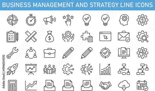 Business management and strategy line icons set with planning analytics teamwork startup growth workflow productivity target vector illustration for corporate technology and marketing design