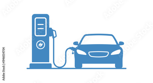 Electric Car Charging Station Icon, Blue Icon, Clean Energy Concept
