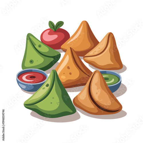 A colorful illustration of samosas with dipping sauces