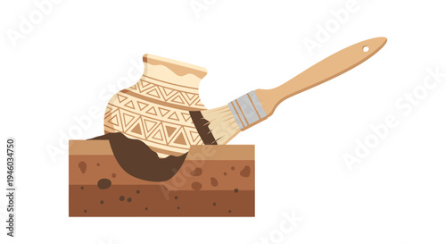 Archaeologist uncovering ancient pottery artifact with brush, excavation site concept