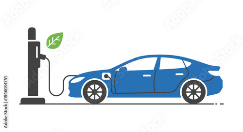 Blue electric car charging at charging station with leaf symbol