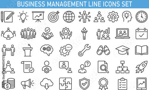 business management line icons set, teamwork leadership strategy symbols collection, startup planning analytics communication icons, modern thin line business management vector icon pack