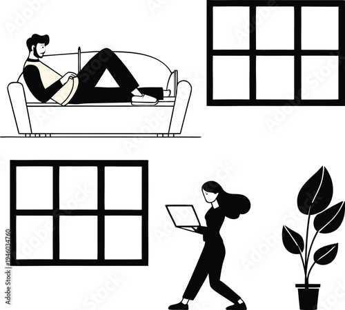 Modern Minimalist Design: A black and white illustration depicts a person reclining on a sofa, a woman with a laptop, a plant, and two window frames, embodying modern simplicity and lifestyle.