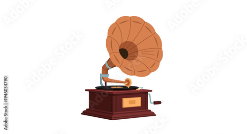 Vintage Gramophone with Horn on White Background - Retro Music Player