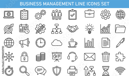 Business management line icons set, workflow, teamwork, strategy, analytics, project planning, productivity, office tools, communication, finance, startup growth concept vector outline symbols