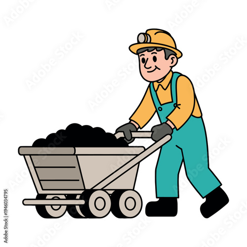 A cartoon miner pushing a coal cart with a big smile