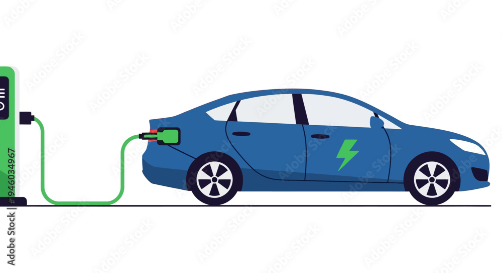 Fototapeta premium Blue electric car charging at a charging station, modern eco-friendly transport